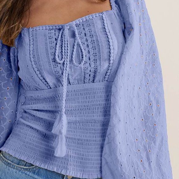 Venus light blue Top Smocked Eyelet Tassel, Plus Size, 3X - Picture 2 of 4